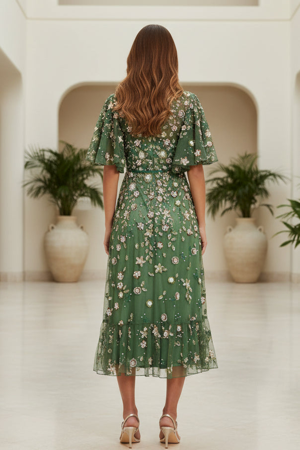 Embroidered Tulle Midi Dress with Flutter Sleeves