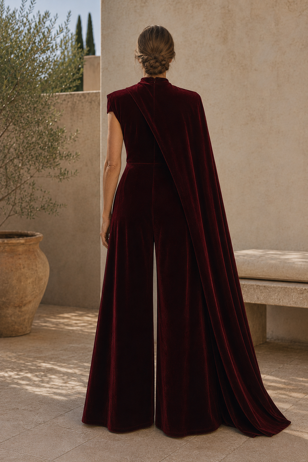 Velvet Wide-Leg Jumpsuit with One-Shoulder Cape