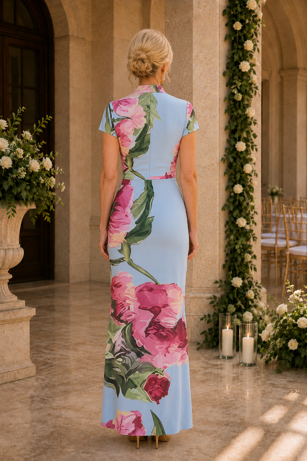 Floral Print Short Sleeve Column Maxi Dress