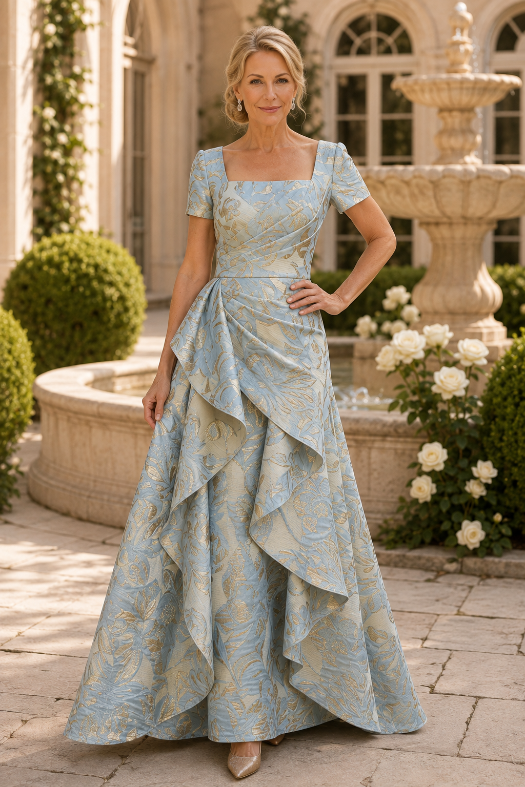 Short Sleeve Cascading Ruffle Jacquard A-Line Gown