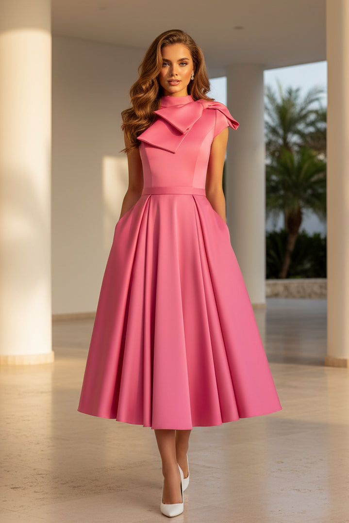 Bow High Neck A-Line Midi Dress with Pockets