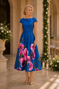 Floral Print Belted Tea-Length A-Line Dress