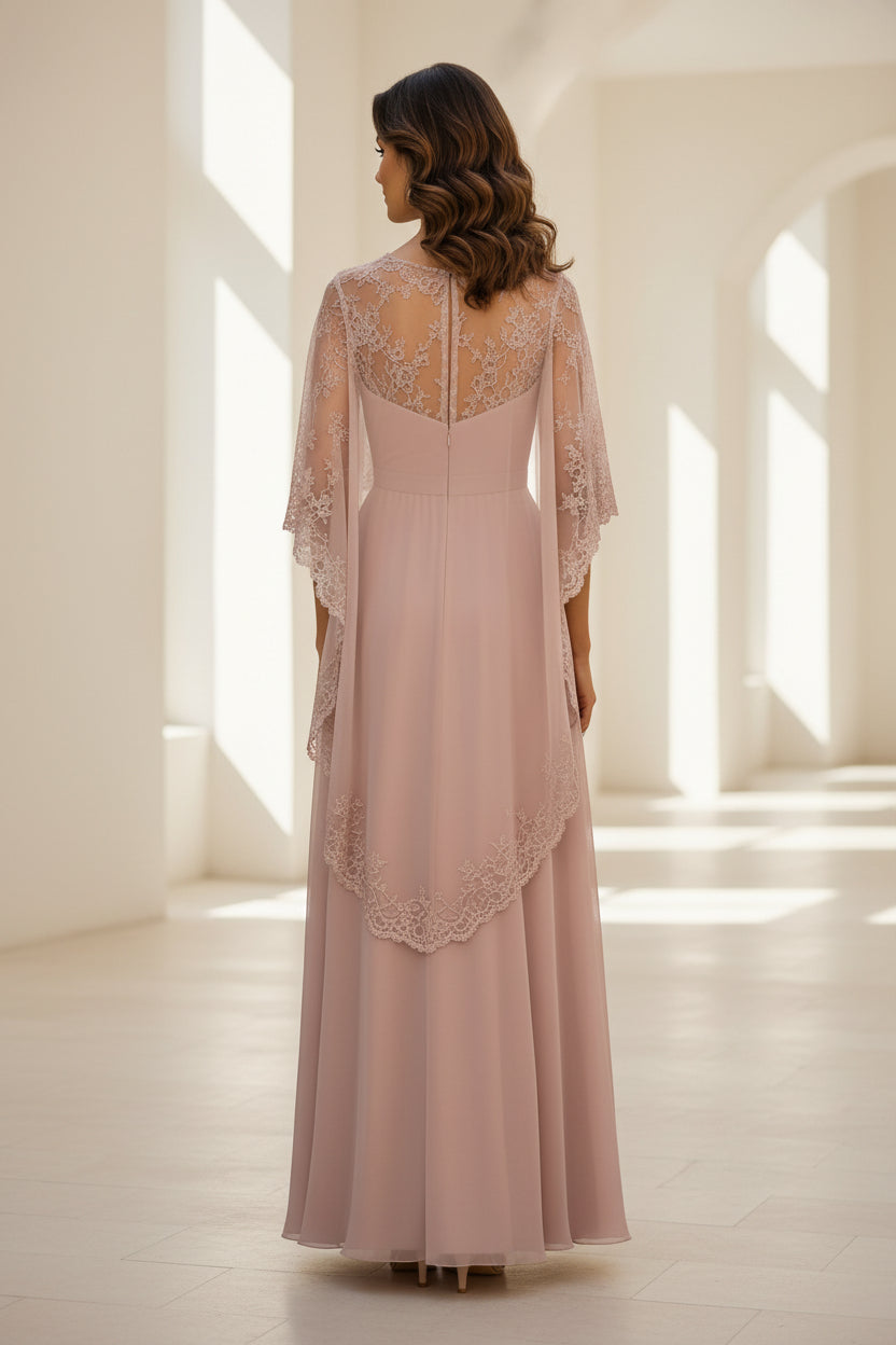 Lace Cape Sleeve Chiffon Evening Gown