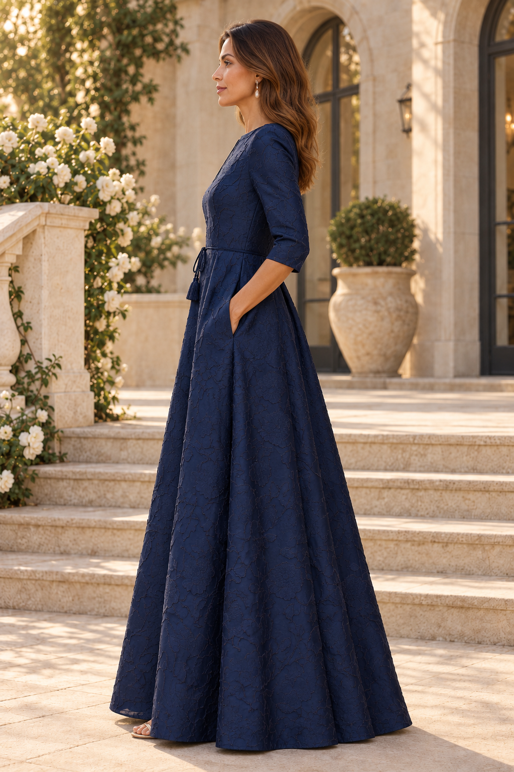 Jacquard A-Line Gown with 3/4 Sleeves