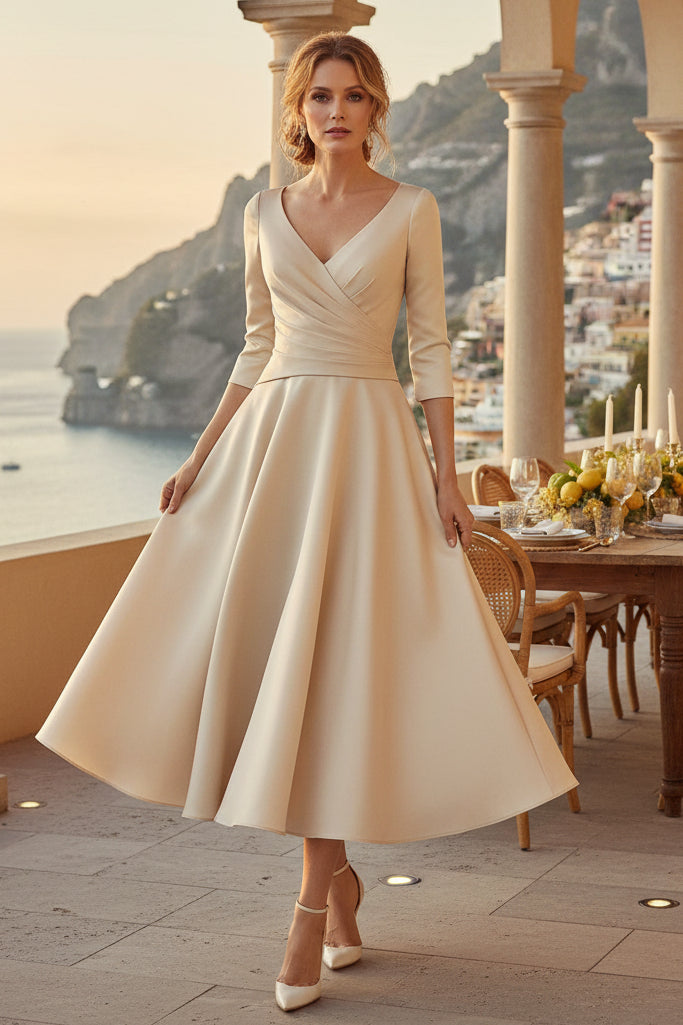 Elegant A-Line Tea-Length Dress with 3/4 Sleeves