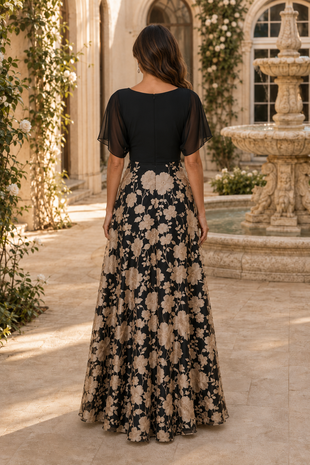 V-Neck Flutter Sleeve Floral A-Line Gown