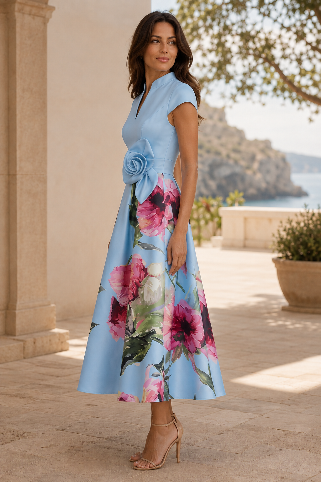 Floral A-Line Midi Dress with Rosette Waist