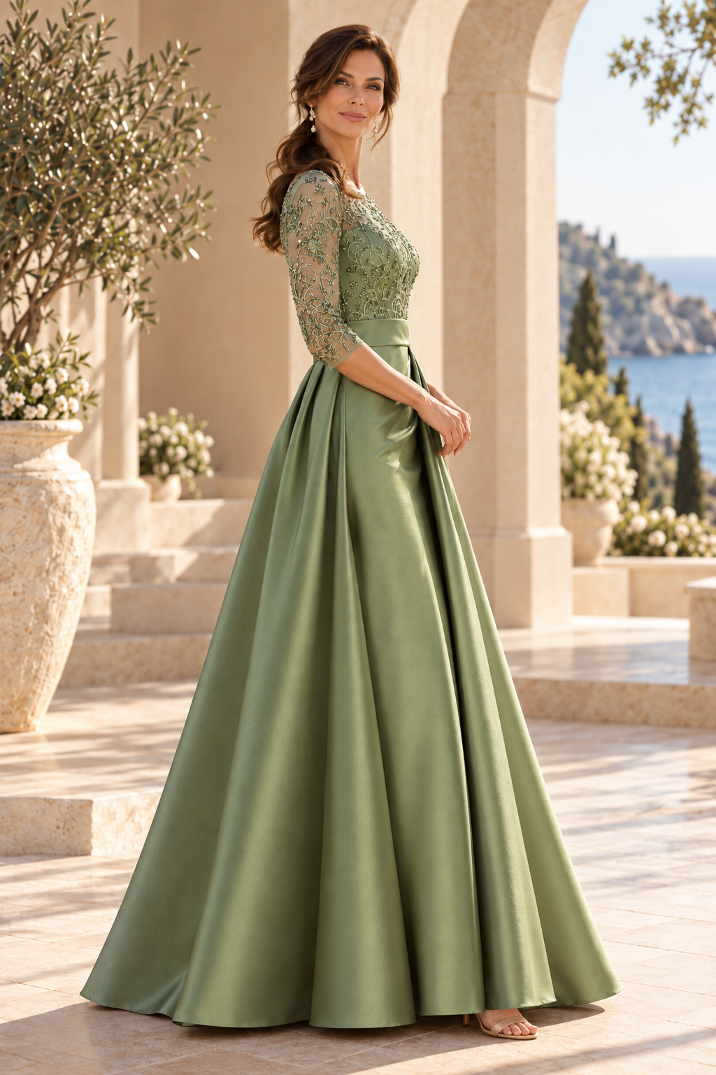 Embroidered Illusion Bodice A-Line Satin Gown