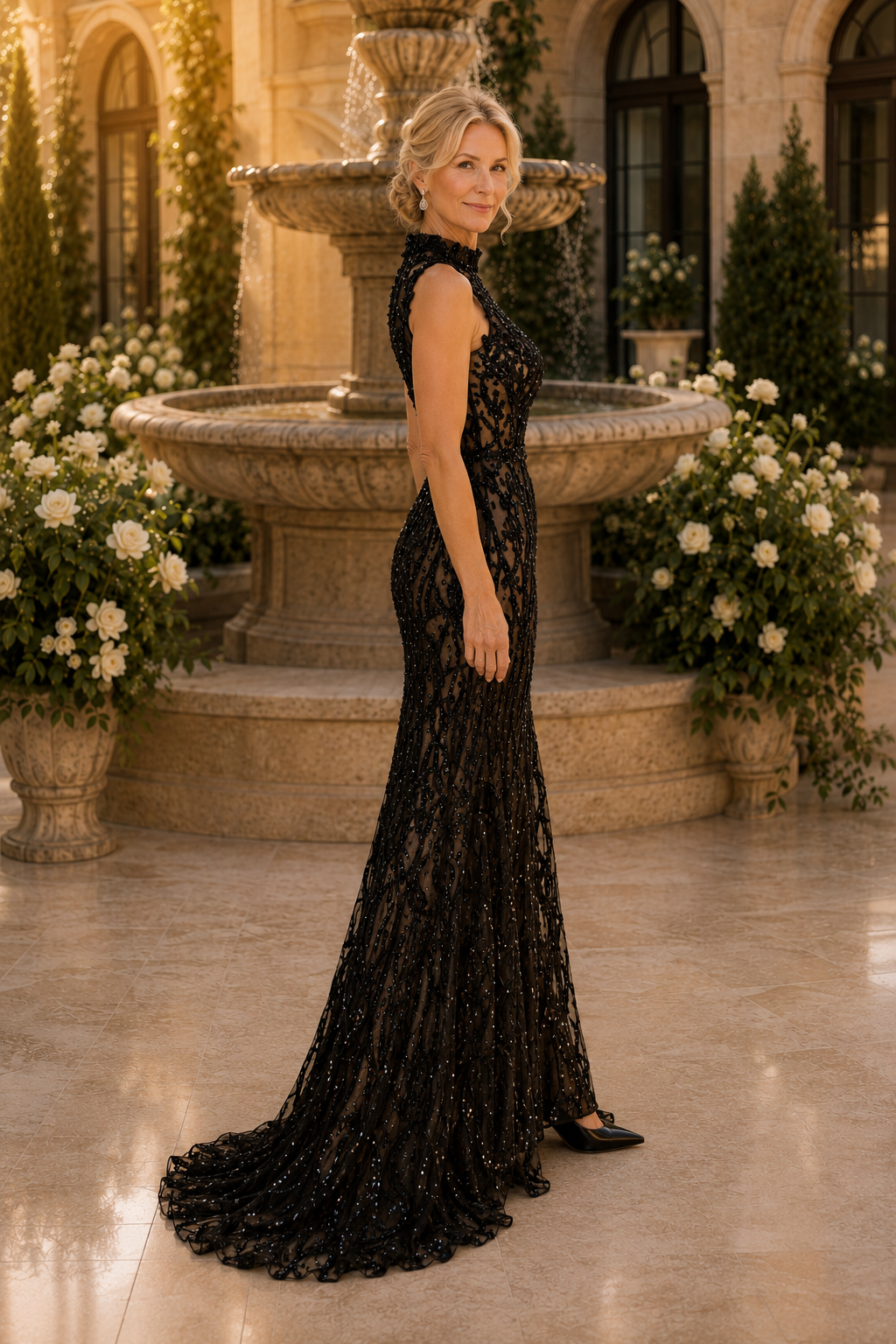 High-Neck Sequin Lace Mermaid Evening Dress