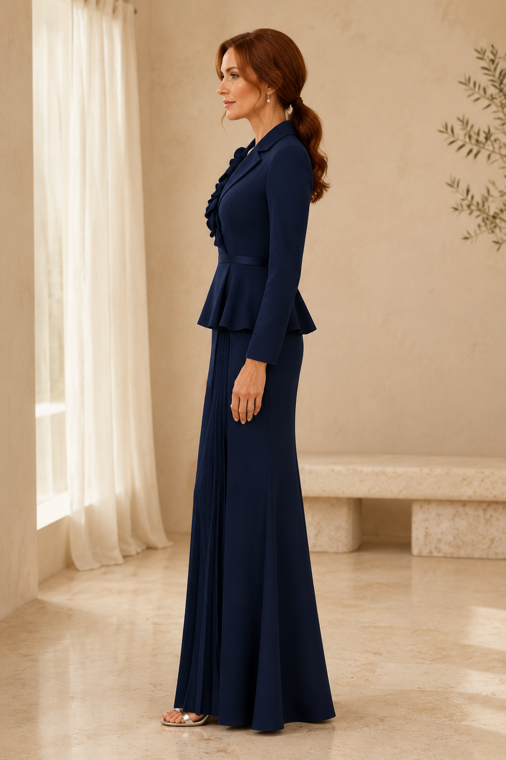 Long-Sleeve Peplum Jacket Gown with Floral Neckline Trim