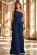 One-Shoulder Pleated Chiffon Evening Gown