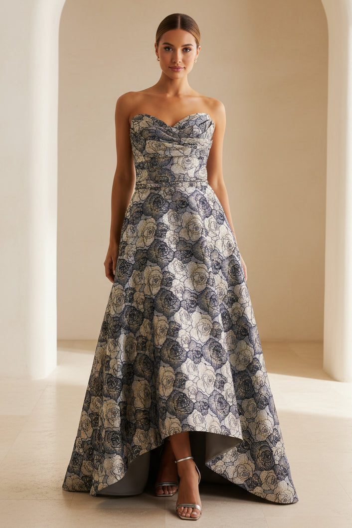 Strapless Floral Jacquard High-Low Gown
