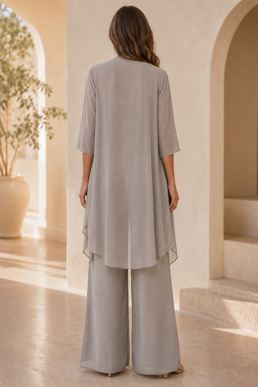 Chiffon 3-Piece Pantsuit with Embroidered Top