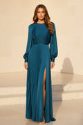 Pleated Long Sleeve A-Line Evening Gown