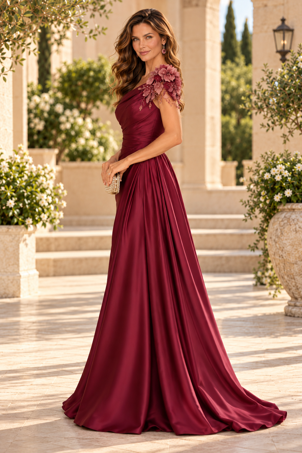 One-Shoulder Pleated Satin Gown with 3D Florals