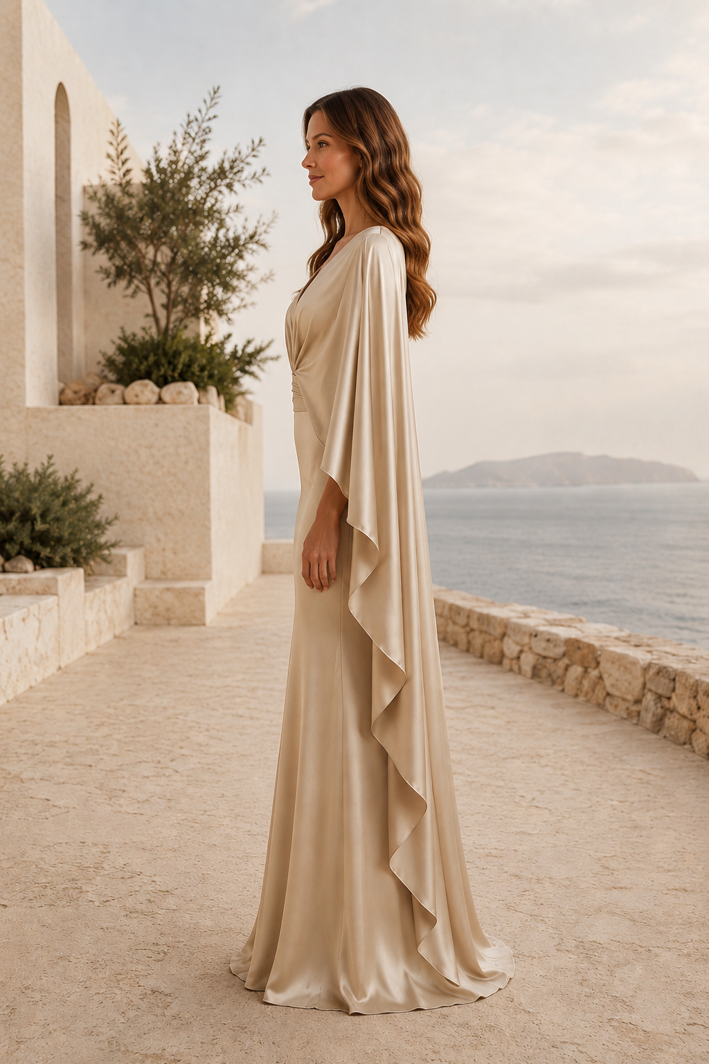 Long Sleeve Satin Mermaid Gown with Cape Drape