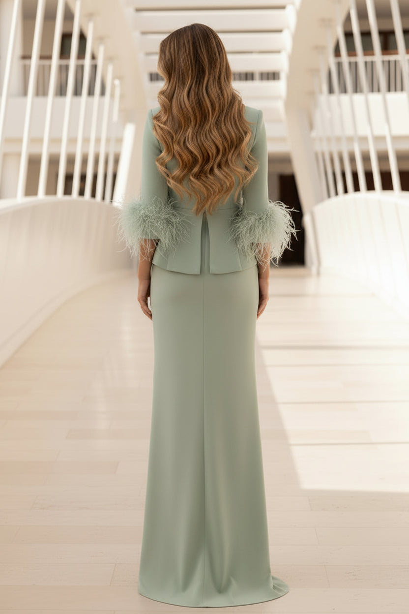 Elegant Peplum Column Gown with Feather Cuffs