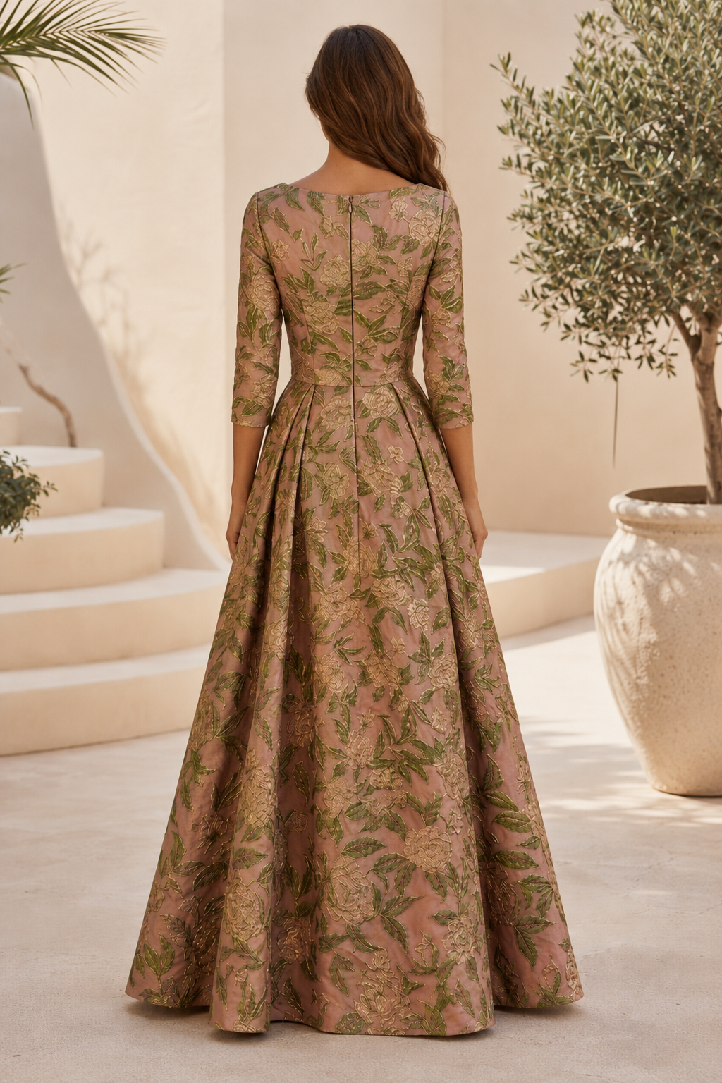 Floral Jacquard A-Line Gown with 3/4 Sleeves