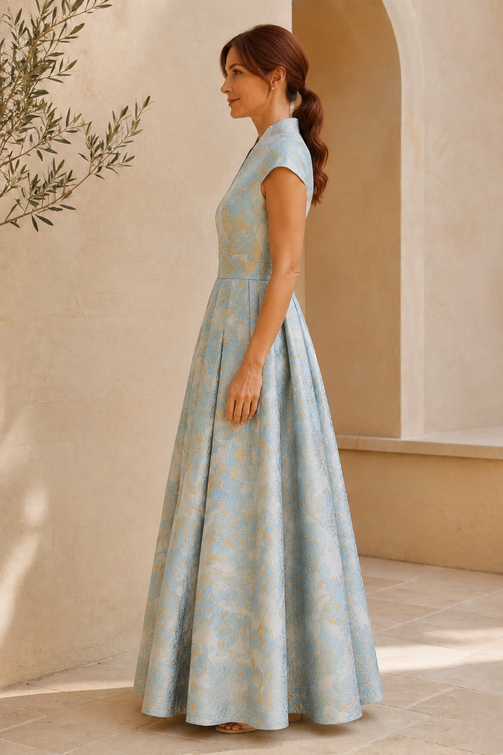 Floral Jacquard V-Neck A-Line Gown with Cap Sleeves