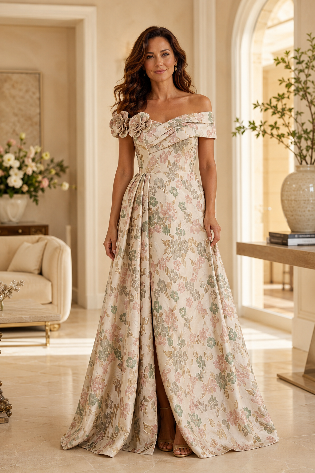 Off-Shoulder Floral Jacquard A-Line Evening Gown