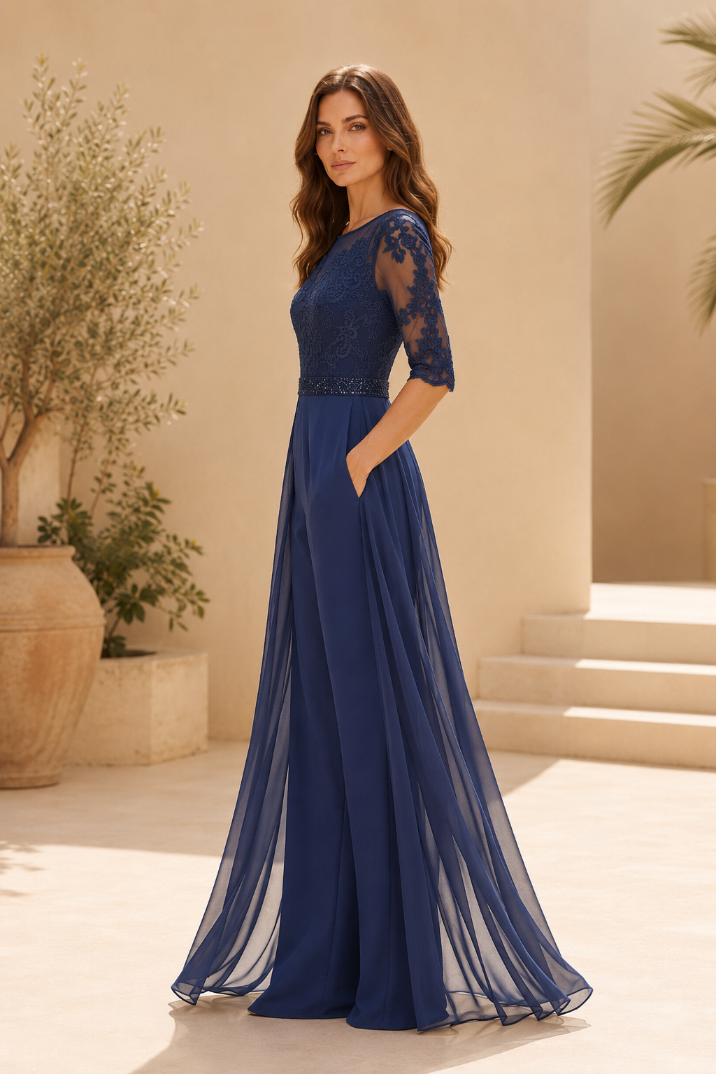 Lace Bodice Jumpsuit with Chiffon Overskirt