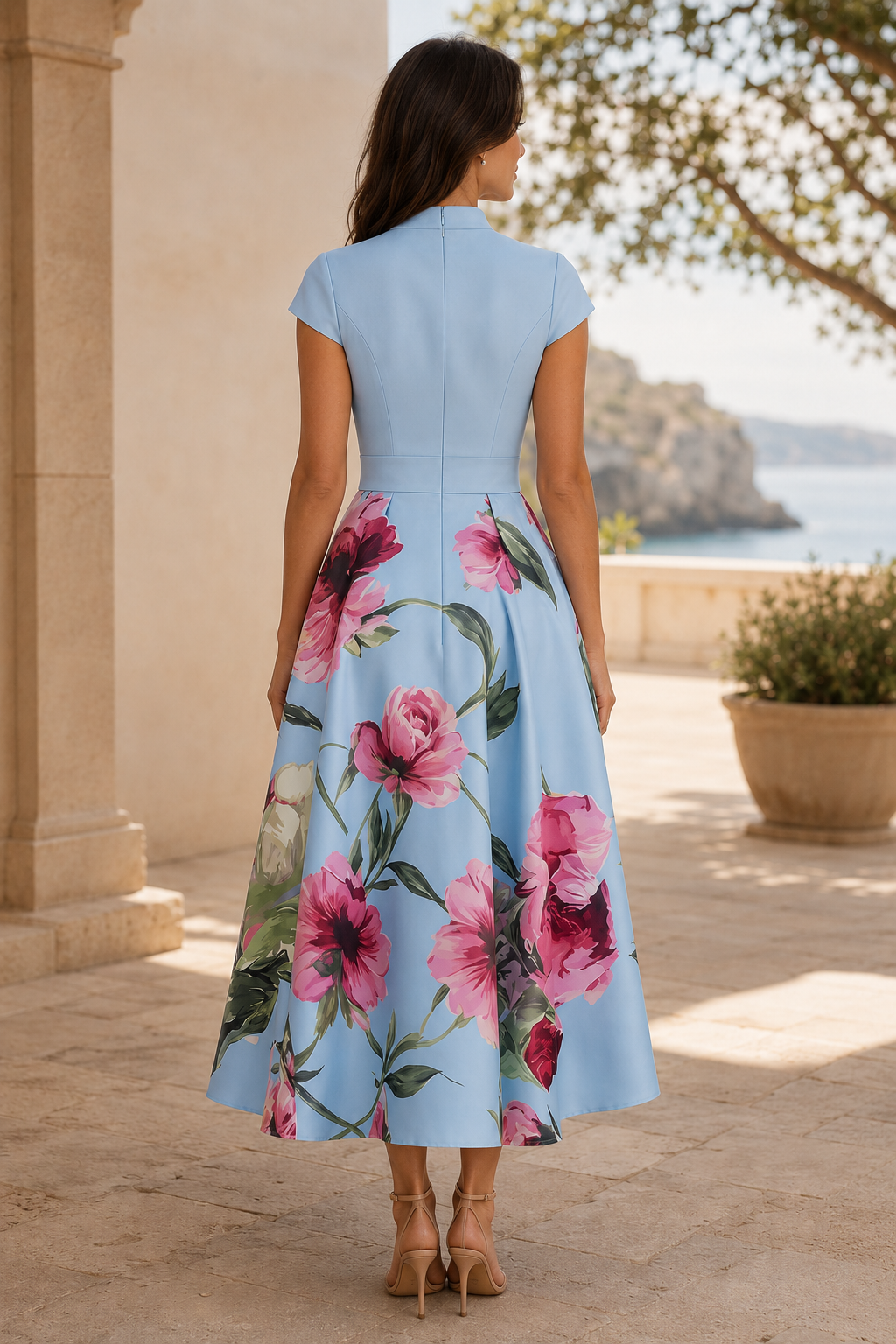 Floral A-Line Midi Dress with Rosette Waist