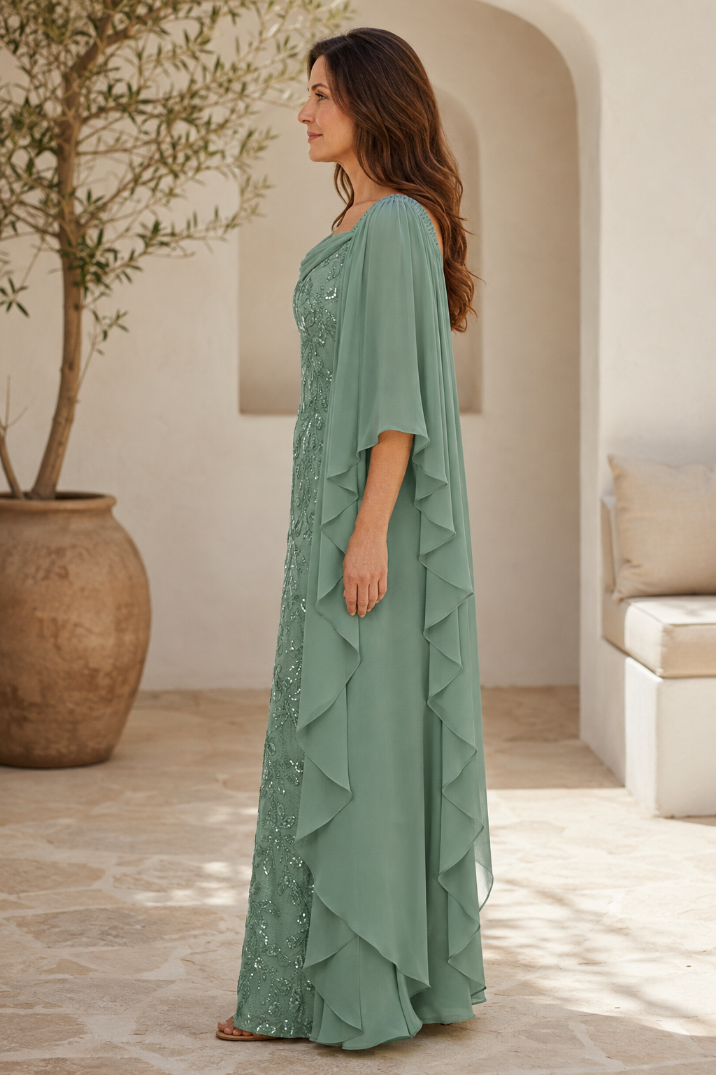 Sequin Lace Gown with Cowl Neck Chiffon Cape Sleeves