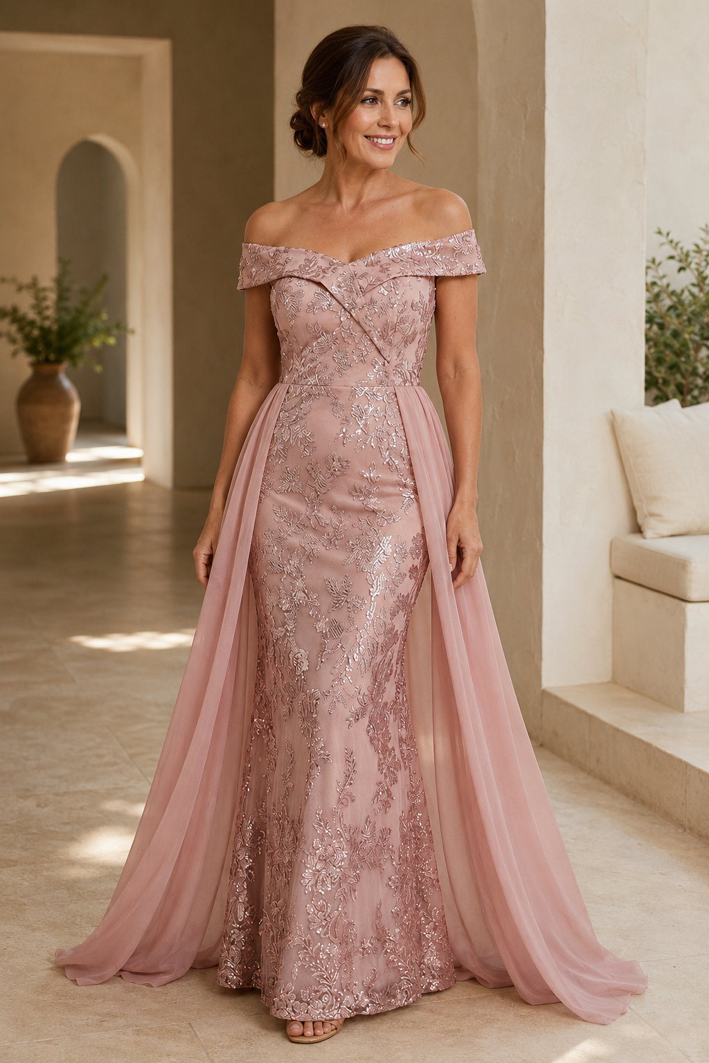 Off-the-Shoulder Lace Mermaid Gown with Overskirt