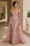 Off-the-Shoulder Lace Mermaid Gown with Overskirt