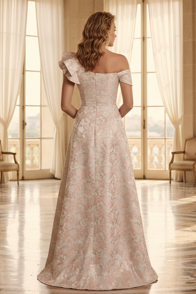 Asymmetrical Ruffled Jacquard A-Line Gown