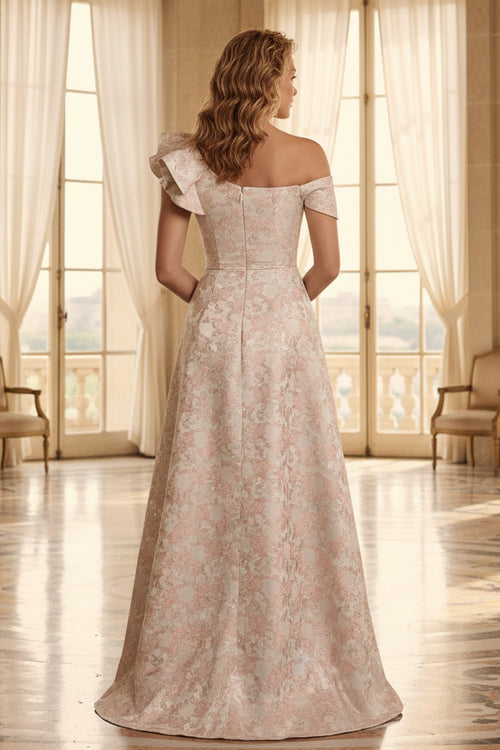 Asymmetrical Ruffled Jacquard A-Line Gown