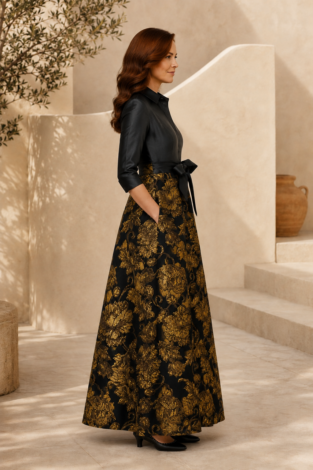 Satin Shirt Bodice Gown with Gold Jacquard Floral Skirt