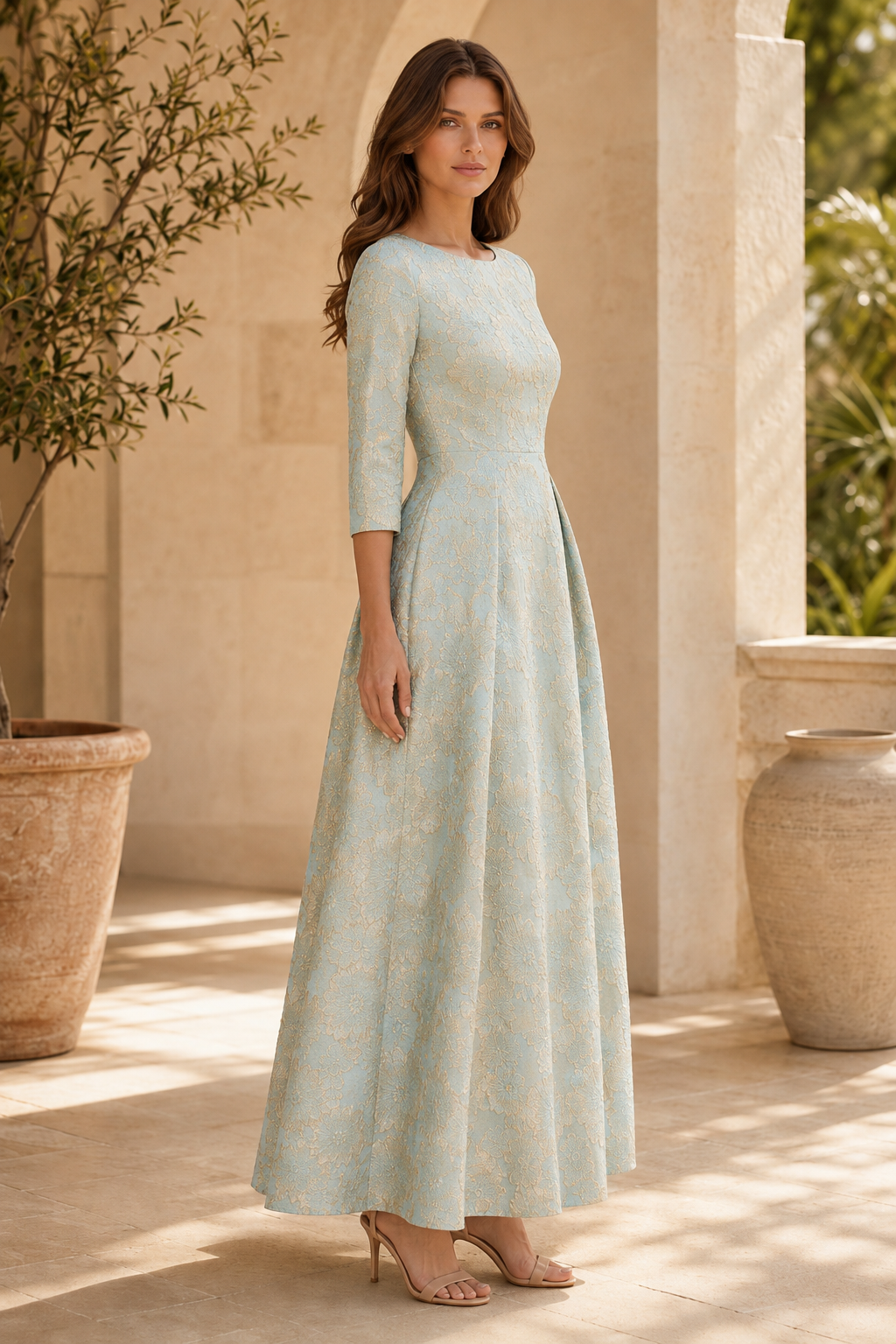 Bateau Neck 3/4 Sleeve Brocade A-Line Maxi Dress