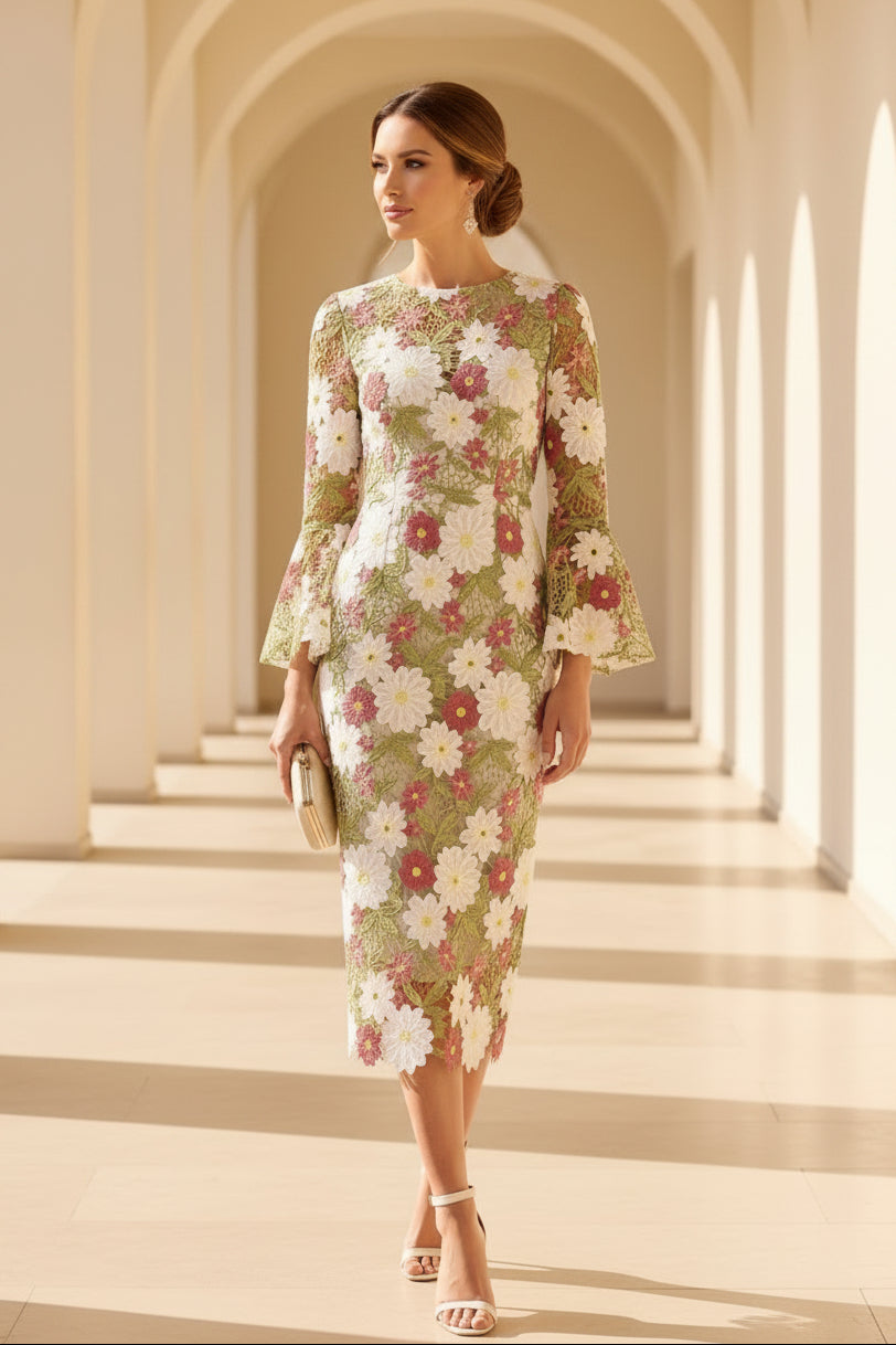 Floral Lace Midi Dress with Bell Sleeves