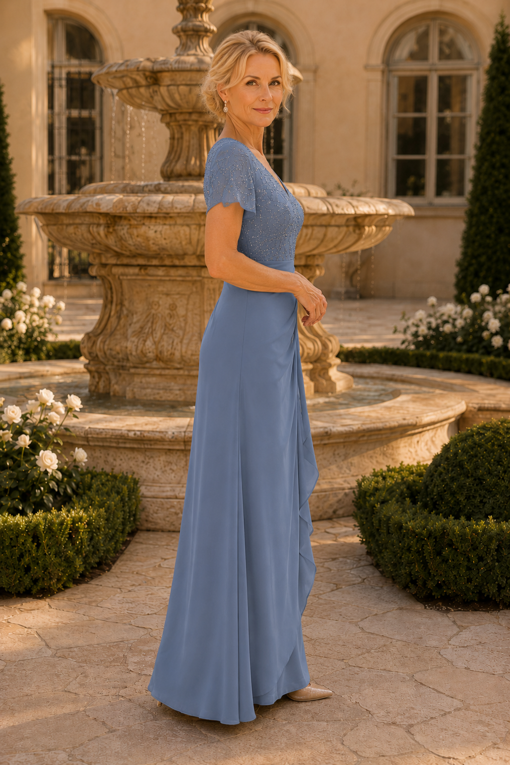 Beaded Bodice Maxi Dress with Draped Skirt
