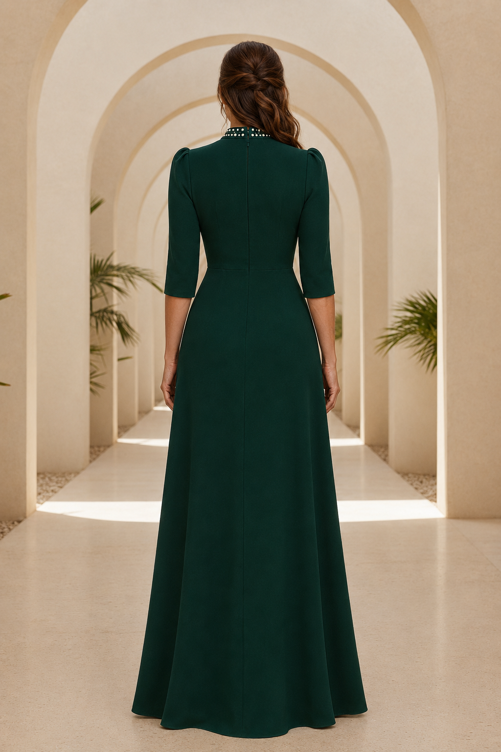 High-Neck Beaded A-Line Gown with 3/4 Sleeves