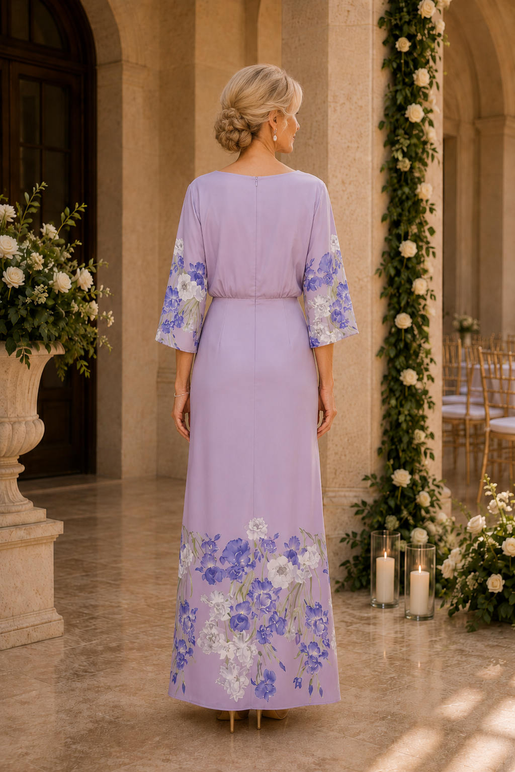 Floral Border Print Maxi Dress with 3/4 Sleeves
