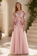 Floral Embroidered 3/4 Sleeve Tulle A-Line Gown