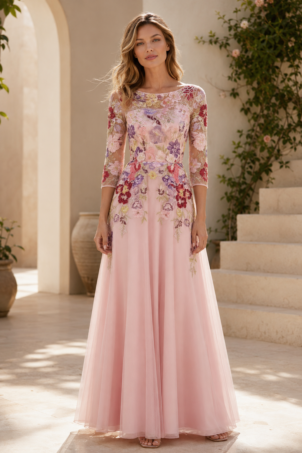 Floral Embroidered 3/4 Sleeve Tulle A-Line Gown