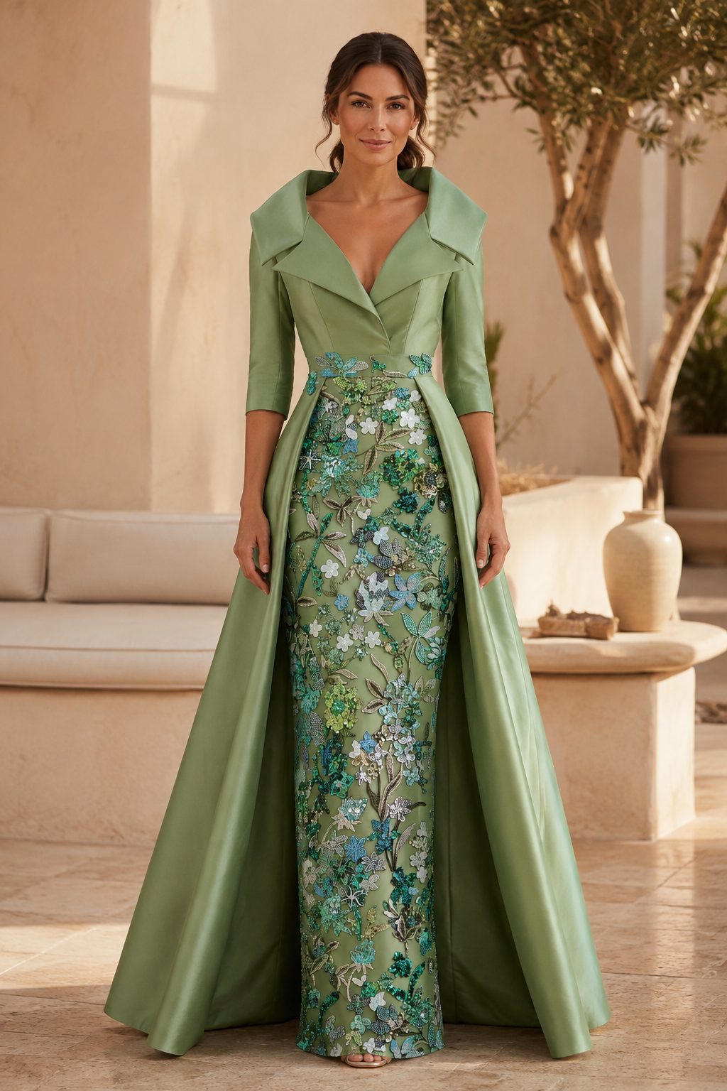 Floral Sequin Sheath Gown with Satin Overskirt Train