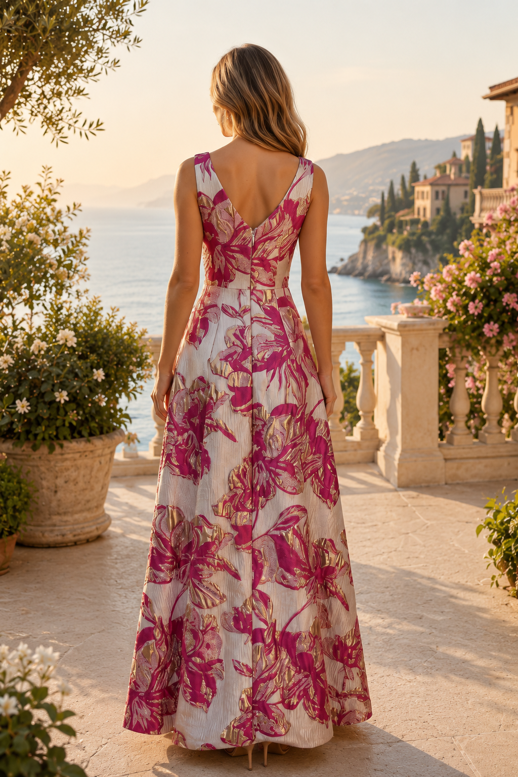 Metallic Floral Cascading Ruffle A-Line Gown