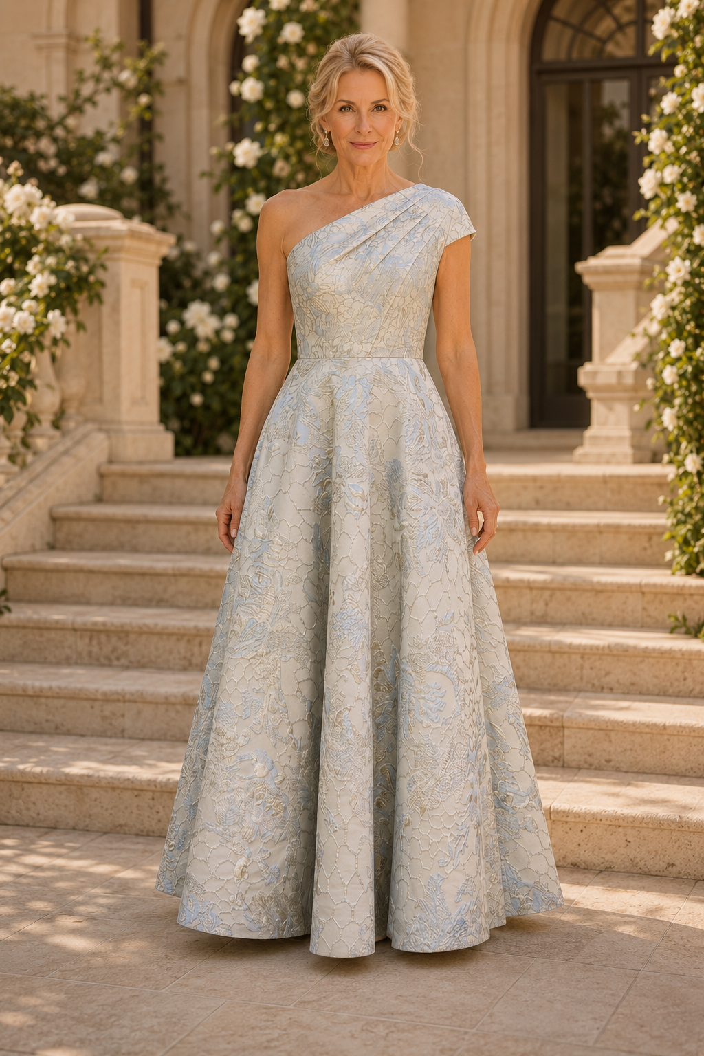 One-Shoulder Floral Jacquard A-Line Gown