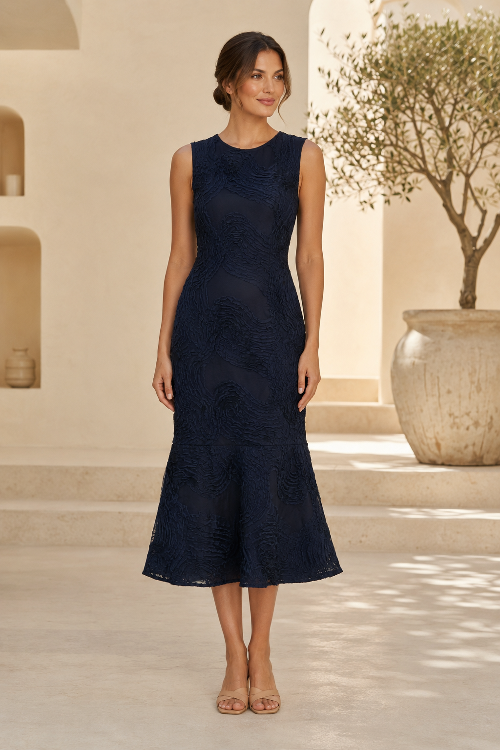 Sleeveless Textured Lace Midi Dress with Flounce Hem