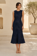 Sleeveless Textured Lace Midi Dress with Flounce Hem