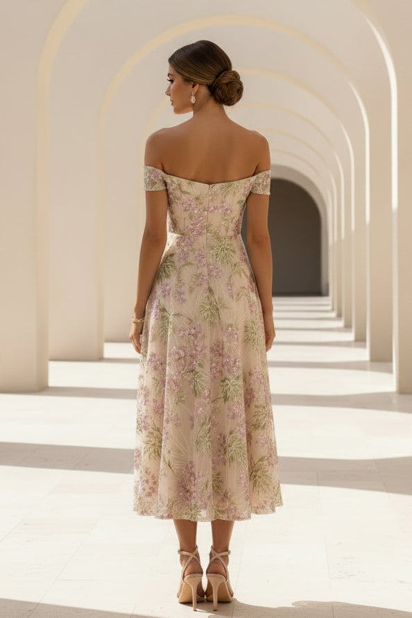 Off Shoulder Floral Sequin Midi A-Line Dress