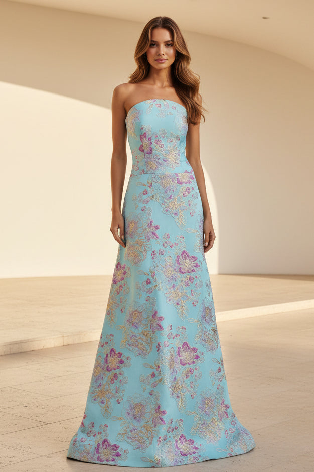 Strapless Floral Jacquard A-Line Gown