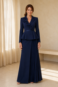 Long-Sleeve Peplum Jacket Gown with Floral Neckline Trim