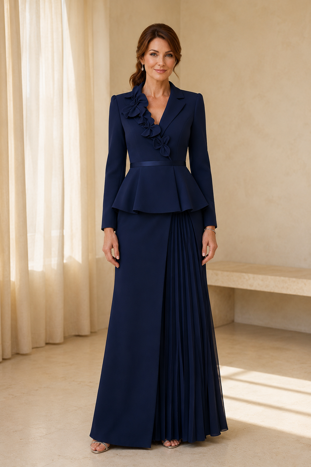 Long-Sleeve Peplum Jacket Gown with Floral Neckline Trim