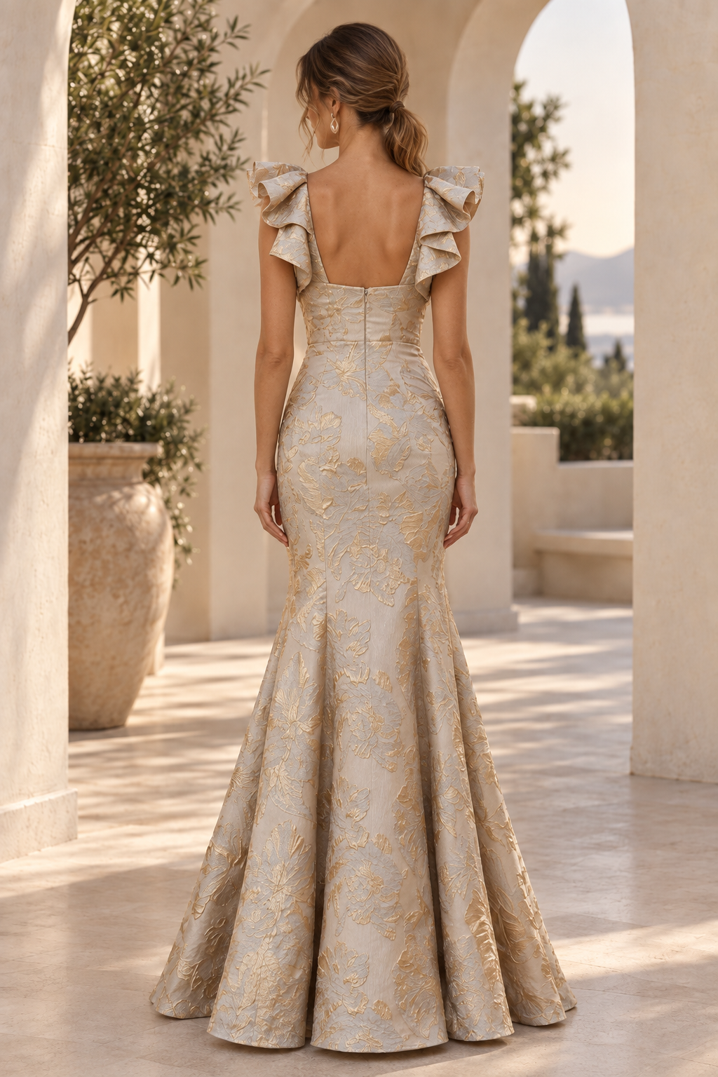 Floral Jacquard Ruffle-Shoulder Mermaid Gown
