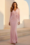 Elegant V-Neck Long Sleeve Side Draped Evening Gown